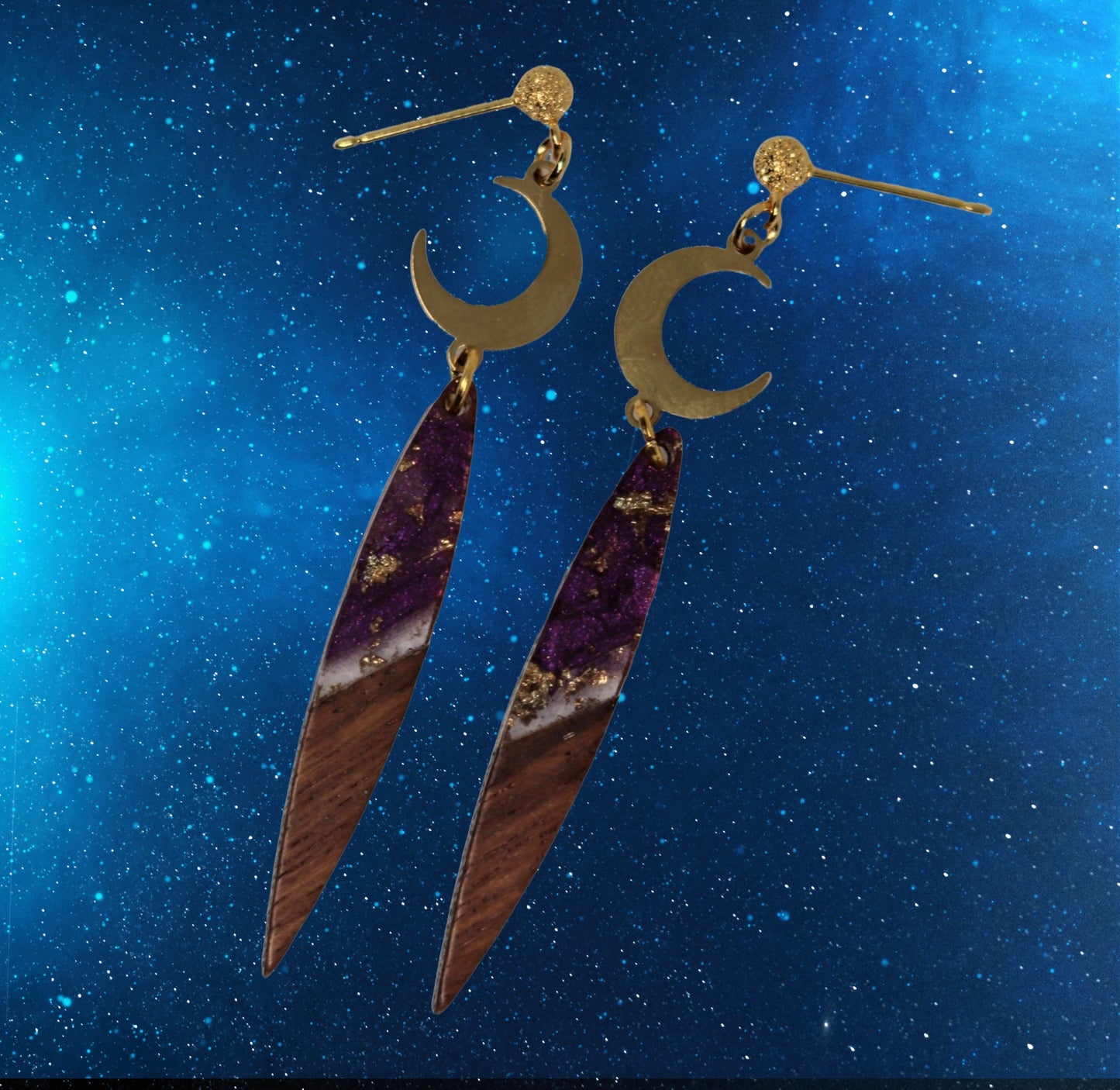 Deep purple crescent moon celestial earrings