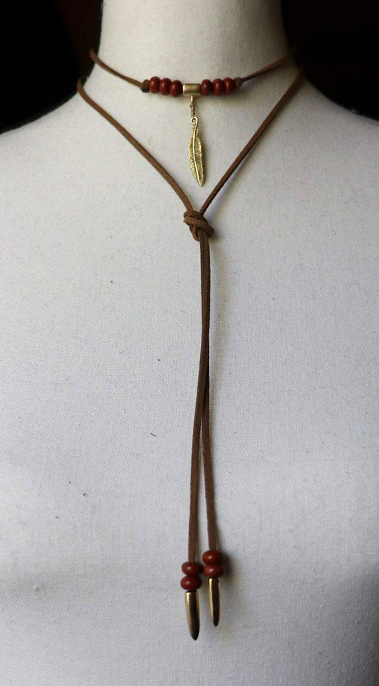 Red Jasper Feather Pendant Bolo Necklace