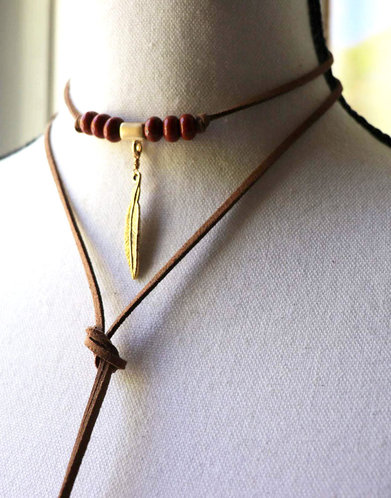 Red Jasper Feather Pendant Bolo Necklace