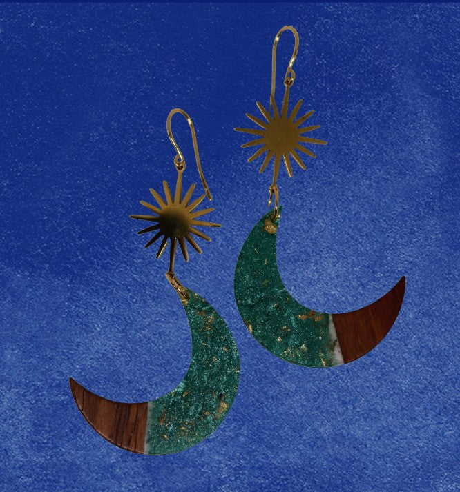 Sea green celestial crescent moon earrings