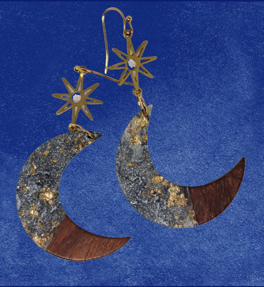 Jet celestial crescent moon earrings