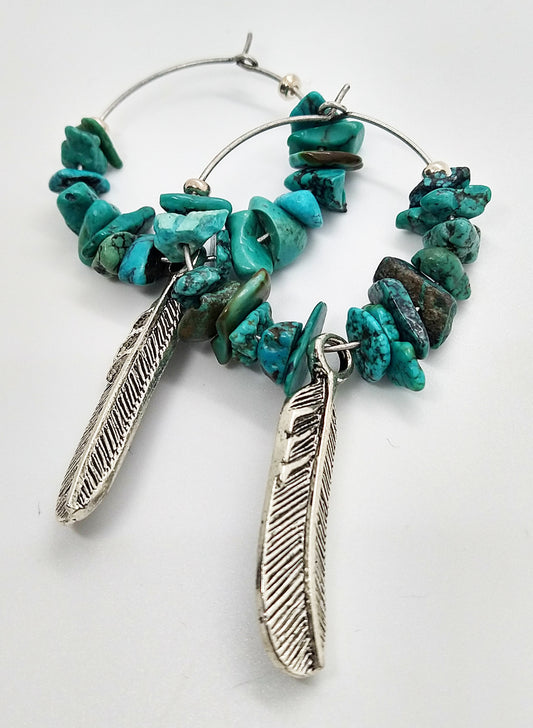 Turquoise Feather Hoop Earrings