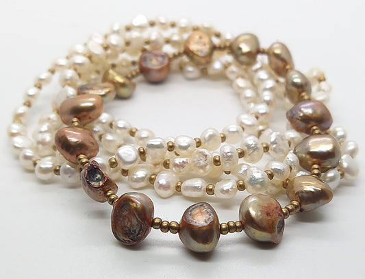 Bronze & White Pearl Bead Bracelet Set