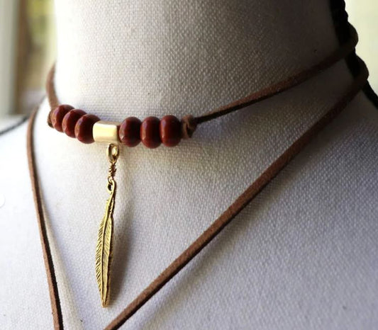Red Jasper Feather Pendant Bolo Necklace